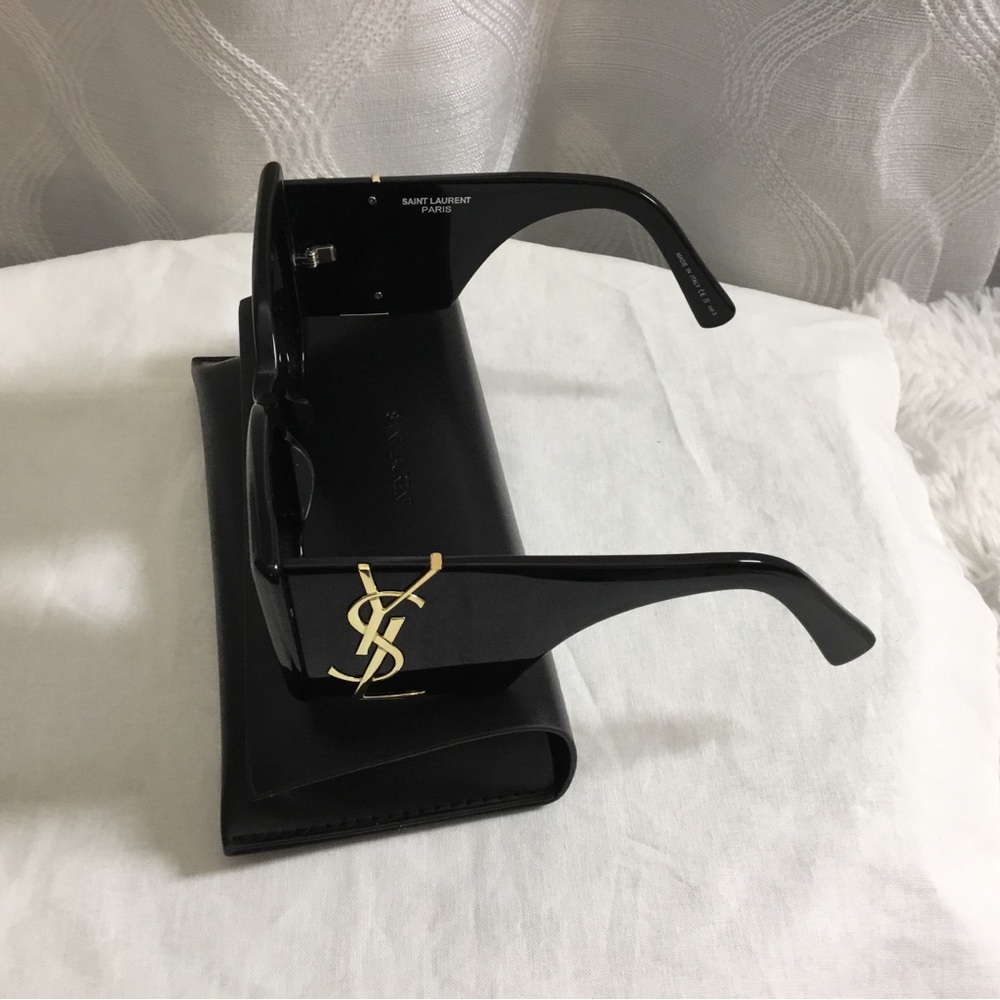Saint Laurent Black Cat-Eye Sunglasses with Gold Logo Case - Picture 8 of 13